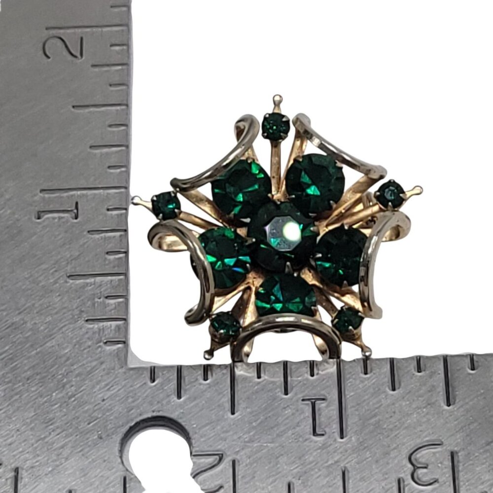 Vintage Emerald Green Rhinestone Gold-Tone Brooch Pin Starburst MCM 1.25" - Picture 3 of 5